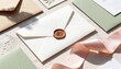 © Anna - Wedding invitation stationery flat lay with white envelope and wax seal.