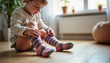 © KIRA POSLAVSKAIA - Independent child putting on colorful socks at home