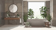 © Alena - Modern bathroom design featuring elegant bathtub with lush green plants beside large window. Spacious modern bathroom layout includes a round mirror above stylish sink and wooden vanity.