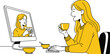 © Roni - Woman having video call on computer monitor while drinking coffee and eating breakfast in yellow monochrome minimalist style