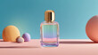 © Kseniya - a perfume bottle on a solid pastel background, elegant minimal composition