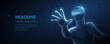 © NeonGridStudio - Futuristic man in virtual reality headset touching interface. Metaverse, simulation, digital interaction, cyber experience, innovation background, future concept. Vector illustration.