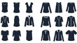 © Rabbi Khan - Large set of various women's top silhouettes including t-shirts blouses shirts and sleeveless vests in dark blue on a white background.