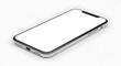 © PixelOriel - Modern smartphone lying on white surface, blank screen facing up, isolated object