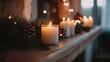© ABDUL - Softly glowing Christmas candles with pinecones and branches on a rustic wooden mantelpiece, creating a warm and cozy atmosphere.