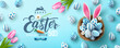 © PixaFlow - Easter poster and banner template with Easter eggs in the nest on light green background.Greetings and presents for Easter Day in flat lay styling.Promotion and shopping template for Easter