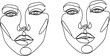 © Shuvo Roy - Vector illustration set of young woman faces with different hair and cartoon expressions, featuring funny character head drawings and black mask sketches for a creative comic art design