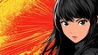 © Mariia - Manga style close-up of young woman with black hair on bold pop art background, dynamic comic burst with copy space, ideal for posters, banners and modern design