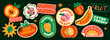 © 100% HAND-CRAFTED - Groovy fruit labels set. Funky stickers with apple, peach, banana, avocado, and mango. Trendy doodle patches and stamps for packaging. Flat vector illustration collection isolated on background