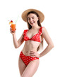 © New Africa - Beautiful young woman wearing stylish red bikini and straw hat with cocktail on white background