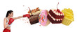 © New Africa - Young sporty woman fighting with sweet desserts on white background. Healthy lifestyle versus junk high-calorie food