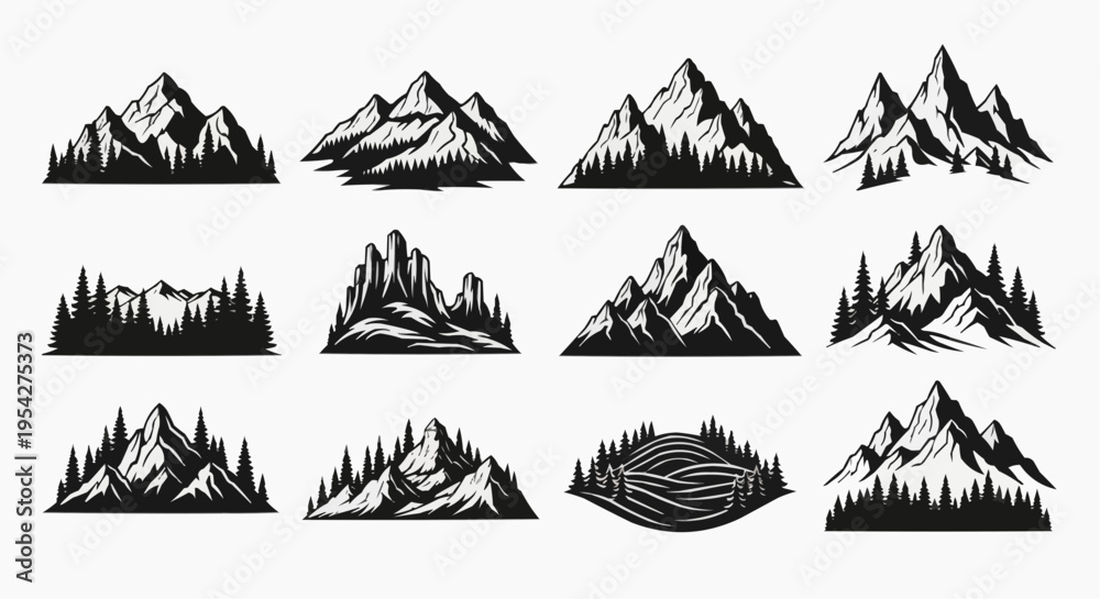 Set of twelve black and white vector illustrations featuring stylized ...