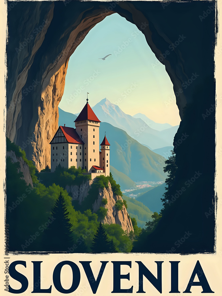 A castle stands on a rocky hill in Slovenia, framed by a cave. Mountains rise in the background under a clear sky. Green trees surround the castle and hills.
