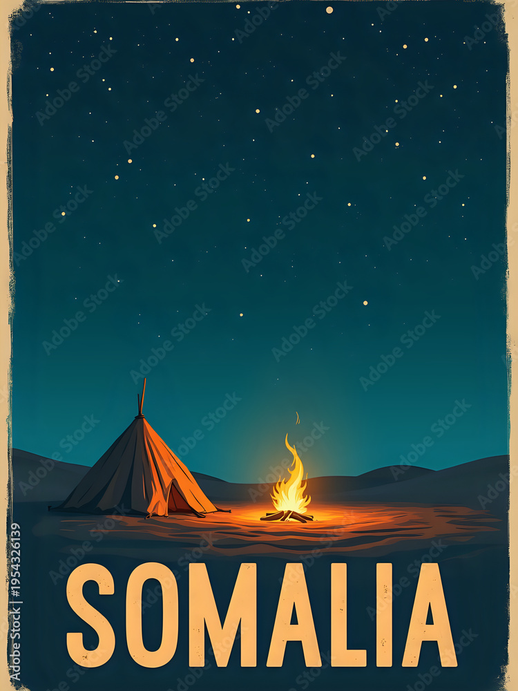 A tent stands in a desert area with a campfire nearby. Stars fill the night sky above. This scene shows an outdoor camping activity in Somalia at night.