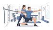 © Shamshad - Fitness trainer assisting a client with exercise in a modern gym