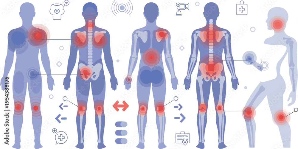 Body Hit Point Human body pain points diagram set, medical infographic showing joint ...