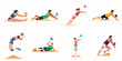 © Maya - Collection of flat vector illustrations depicting male and female athletes in various dynamic action poses while playing beach volleyball on a white background.