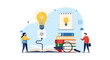 © Masud - Knowledge and innovation concept with people around stack of books and lightbulb plugged into open book for creative learning ideas.