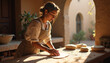 © AlenaSi - Artisan woman kneading dough at table in rustic kitchen, dough shaped on wooden surface, sunlit atmosphere creating warm and inviting scene, concept of baking bread for community gatherings.