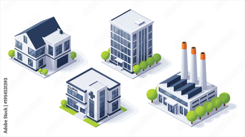 Four Building Types Illustration Set – Vector Graphics with Trees ...