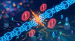 © naufal - Glowing blue neon digital blockchain chain breaking with explosion and warning alerts on motherboard background, concept for cyber security breach, data system failure and crypto hacking