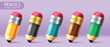 © The PixelFox - Colorful 3d Pencil clipart set. 3d Pencil multicolored clip art for school and office writing art materials educational tool graphic design collection with sharp, glossy and wooden drawing