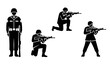 © SAHEDUL - Military Soldiers Icon Set with Armed Forces Personnel in Combat Positions, Tactical Shooting Stances, and Security Defense Silhouettes for Army and War Design