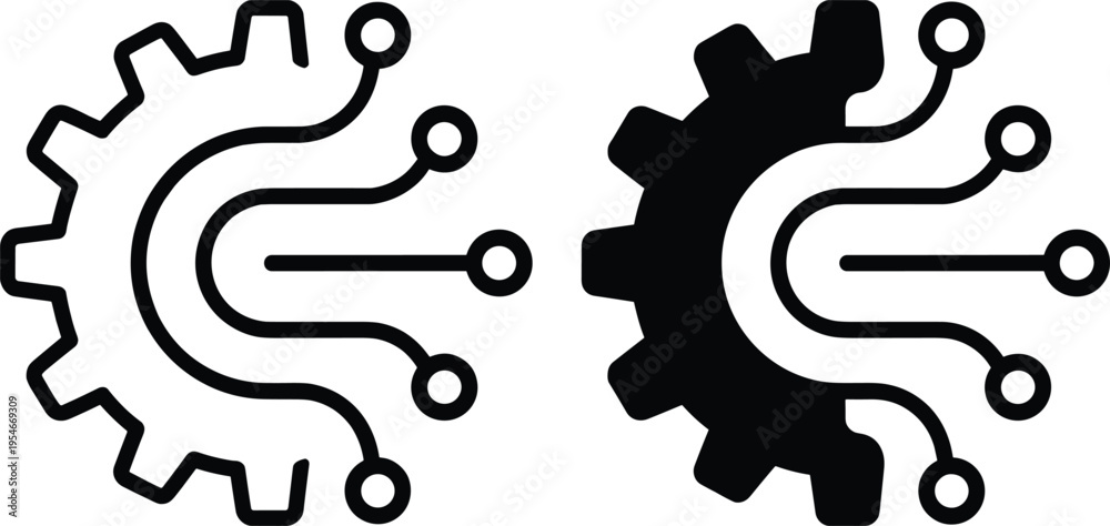 Technology gear circuit icon set with outline and solid styles ...