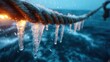 © svastix - A rope is adorned with icicles, contrasting the rough and tumultuous waters of the ocean, capturing nature's harsh beauty and resilience against the elements.