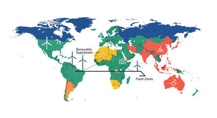 Naklejka na meble Global map illustrating renewable energy potential and fossil fuel reliance across continents, highlighting regions as renewable superpowers and fossil fuel zones.