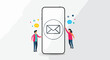 © Mitchell - Tiny man and woman standing by a giant smartphone featuring an email envelope icon and colorful speech bubbles for communication.