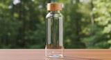 Clear glass bottle with bamboo lid on a wooden surface with blurred green trees in background