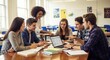 © Chenda - A group of six young adults are collaboratively working on a laptop at a wooden table in a classroom. Several students are seated
