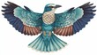 © jinna - Beautifully illustrated roller bird in flight with wings spread wide, showcasing vibrant turquoise, blue, and brown feathers against a white background.