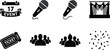 © Royal Ability - Vector art simple icons microphone stage tickets crowd confetti calendar event for coloring book outline style close up front view black line art playful party scene