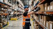 © DesignVectX - Warehouse worker wearing safety vest scanning box on shelf