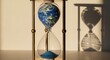 © Tadeu - Earth Globe Inside Hourglass: Climate Change Urgency, Global Warming Awareness Concept with Time Running Out. Global Sustainability, Environment, Resource Management.