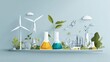© Pug - A creative representation of environmental science, featuring laboratory glassware, wind turbines, and greenery, symbolizing innovation and sustainability in the modern world.