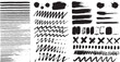 © HexaFrame - Collection of black graphic elements including lines, scribbles, ink splatters, and brush strokes for abstract design, hand drawn
