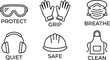 © Crafty Zone - Six essential safety equipment icons are displayed above text labels indicating their protective function in a clean line art style.