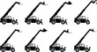 © Kosain - Eight Black Silhouettes of Telehandler Forklifts with Various Attachments on White Backgrounds telescopic handler