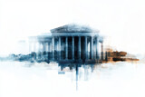 Neoclassical skyscraper with abstract overlay, showcasing architectural beauty and modern design. blend of colors creates striking visual impact