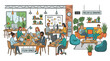 © Underhood - A hand‑drawn illustration of a coworking cluster featuring modern office interiors, open spaces, workstations equipped with computers, laptops, lighting, and a resting area, rendered as a colorful