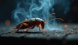 © miss irine - Macro shot of cockroach on dark surface in blue smoke. Insect has long antennae and legs. Shows threat or pest control idea. Dark background with bokeh lights.