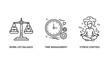 © MAHMUDA  - Work-life balance, time management, and stress control icons, representing productivity, organization, and mental well-being for business and personal life concepts