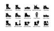 © Cali6ro - Variety of boot designs and gardening gear icons in black silhouette