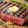 © Estúdio Encantarte. - A grilled steak with melted butter on a wooden board on transparent background