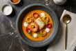 © Olga Ко - Gourmet Brazilian Seafood Moqueca: Fine dining presentation of vibrant orange fish stew with a large prawn, white fish, bell pepper ribbons, and molecular foam in a stone bowl. Top view flat lay