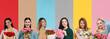 © New Africa - Beautiful happy women with bouquets. Collage of portraits on colorful backgrounds