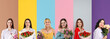 © New Africa - Beautiful happy women with bouquets. Collage of portraits on colorful backgrounds